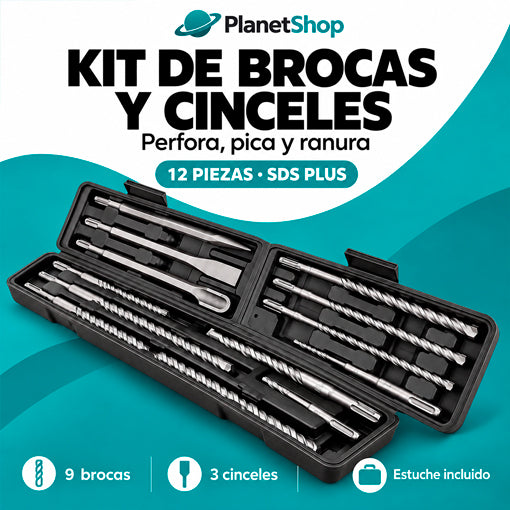 Kit de 12 accesorios SDS Plus: 9 brocas, 3 cinceles y estuche de transporte.