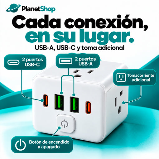 Distribución de las conexiones USB y del tomacorriente del cargador