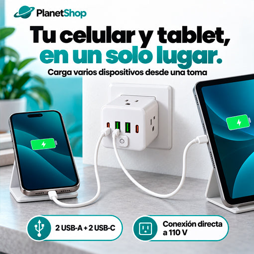 Cargador multipuerto junto a un celular y una tablet
