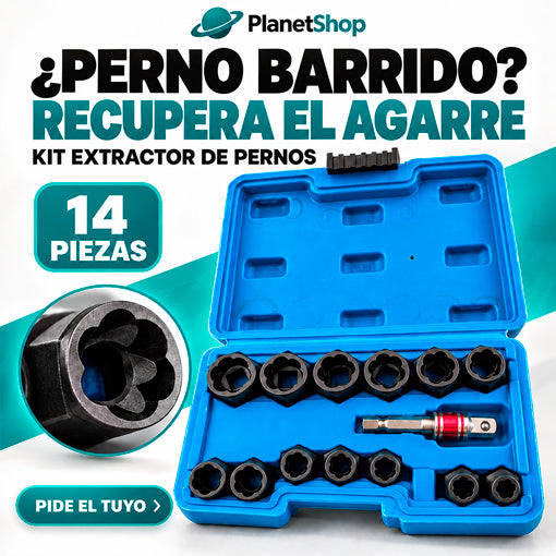 Kit extractor de pernos de 14 piezas: 13 vasos extractores y 1 adaptador, con estuche azul.