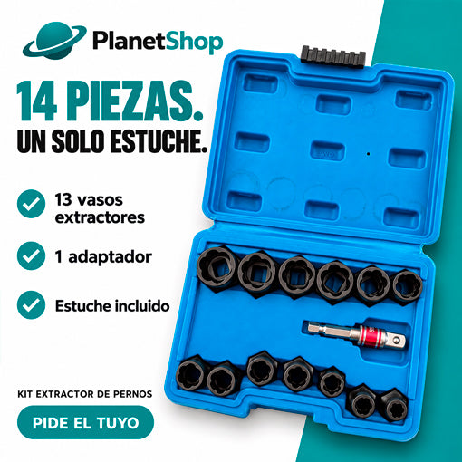 Estuche del kit extractor con 13 vasos y 1 adaptador; 14 piezas.