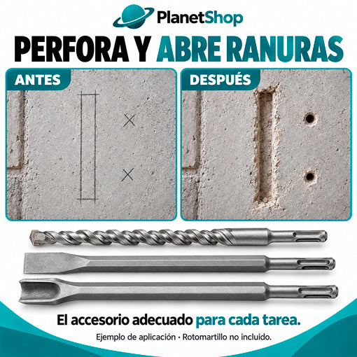 Ejemplo de perforaciones y una ranura en mampostería realizadas con accesorios compatibles.
