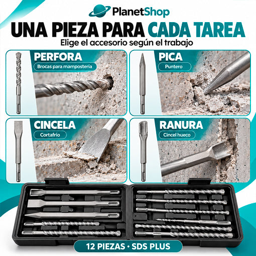 Aplicaciones del kit SDS Plus: perforar, picar, cincelar y abrir ranuras en mampostería.