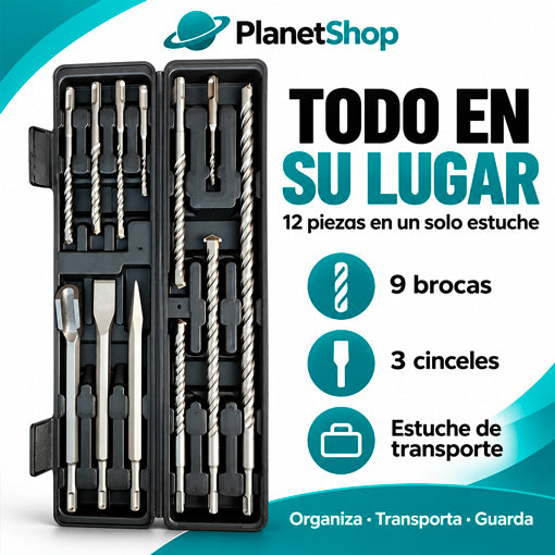 Estuche del kit con 9 brocas y 3 cinceles SDS Plus organizados.