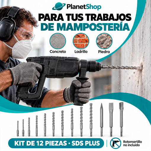 Kit de brocas y cinceles para trabajos en mampostería con rotomartillo compatible, no incluido.