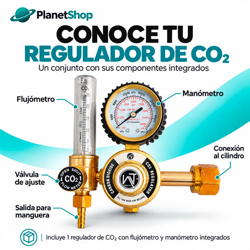 Componentes del regulador de CO₂: manómetro, flujómetro, válvula de ajuste y conexiones.