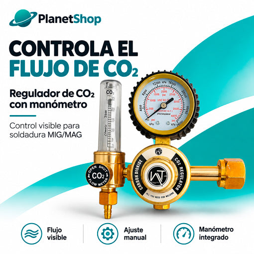Regulador de CO₂ con manómetro y flujómetro integrados, vista principal.