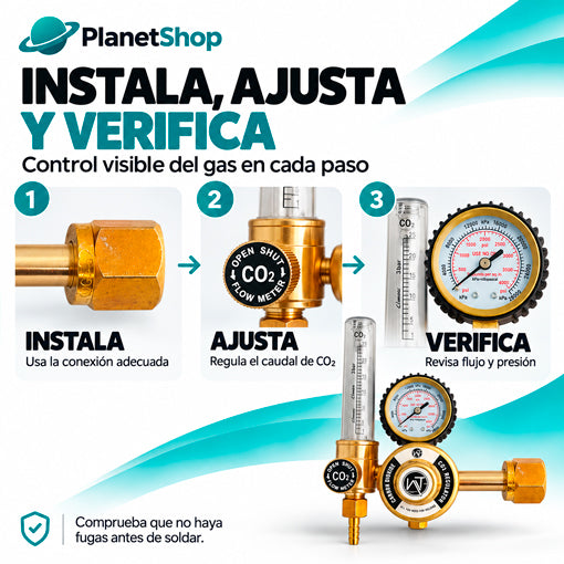 Preparación del regulador de CO₂: conexión compatible, ajuste y verificación.