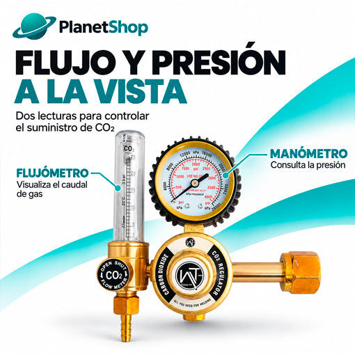 Manómetro de presión y flujómetro del regulador de CO₂.