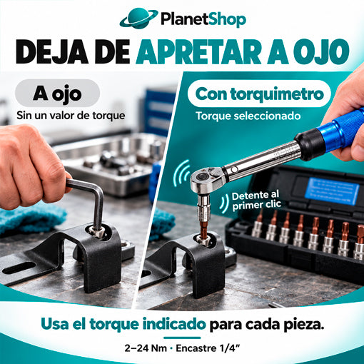 Comparación entre apretar a ojo y usar un valor definido con el torquímetro; detenerse al primer clic.