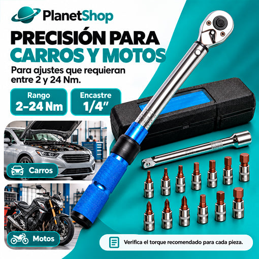 Juego de torquímetro para ajustes de 2 a 24 Nm en carros y motos, según la especificación de cada pieza.