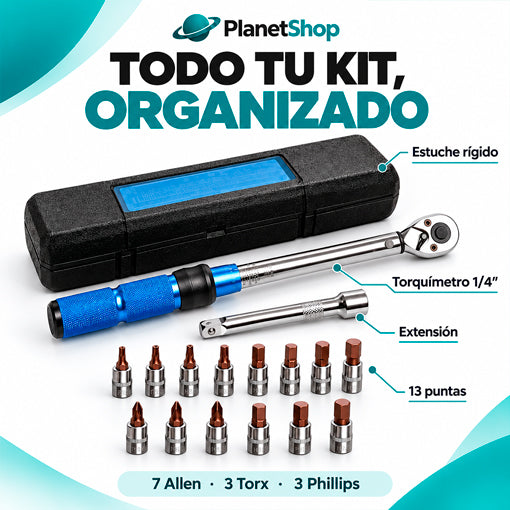 Contenido del juego de torquímetro: llave de 1/4 de pulgada, estuche rígido, extensión y 13 puntas.