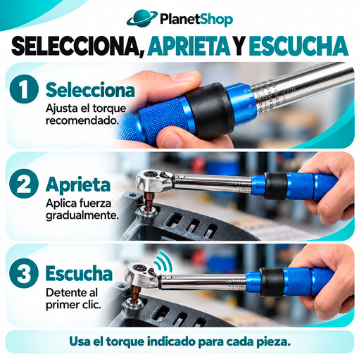 Pasos de uso: seleccionar el torque recomendado, apretar gradualmente y detenerse al primer clic.
