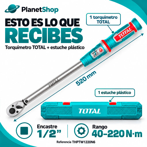 Contenido del pedido: un torquímetro TOTAL de 1/2 de pulgada, largo de 520 mm, y un estuche plástico.