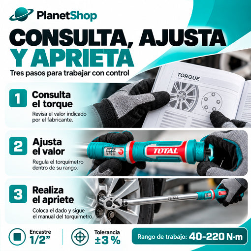 Tres pasos de preparación: consultar el torque indicado por el fabricante, ajustar el valor y realizar el apriete.